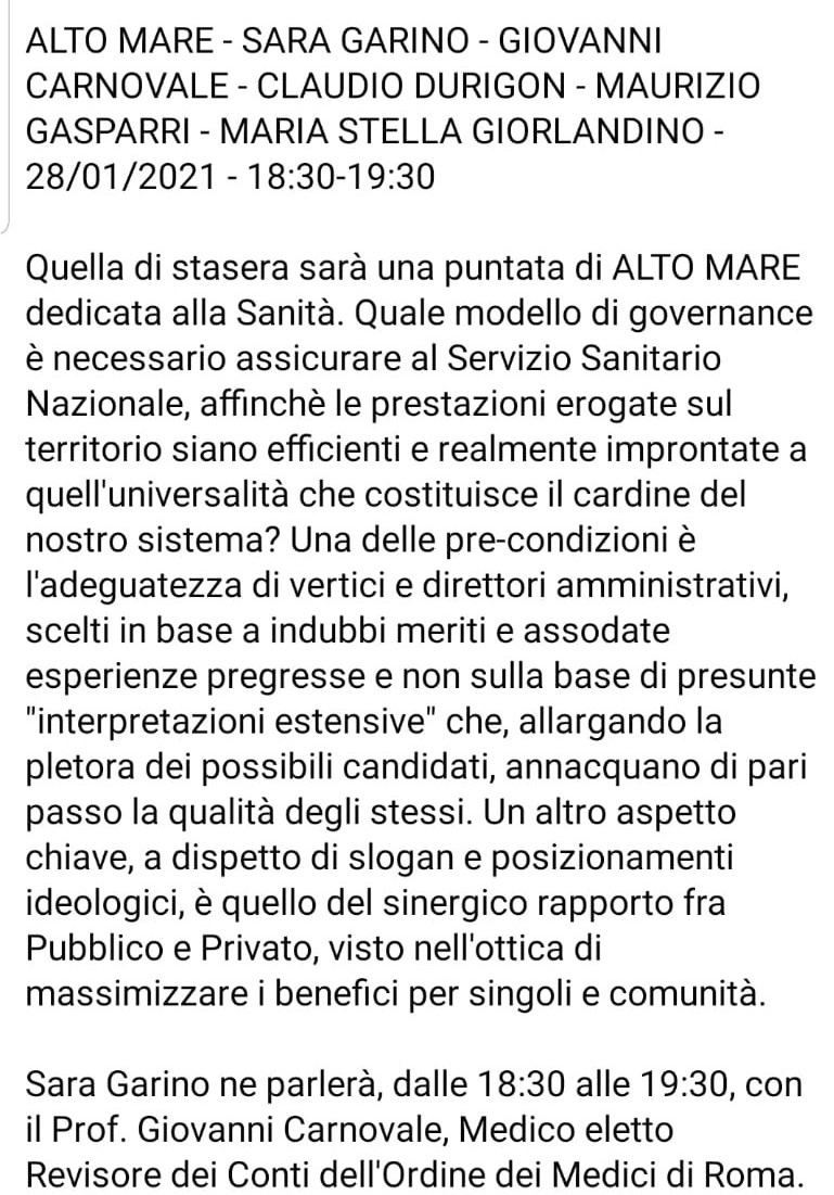 28 Gennaio 2021: “ALTO MARE” : Puntata dedicata alla Sanità; interverrà il Prof. Giovanni Carnovale, Medico eletto Revisore dei Conti dell’Ordine dei Medici di Roma