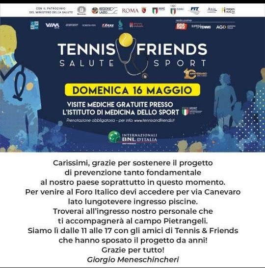 16 Maggio 2021: TENNIS AND FRIENDS: il Prof. Giovanni Carnovale, eletto all’ordine dei Medici di Roma, invitato in occasione delle giornate dedicate alla prevenzione al FORO ITALICO